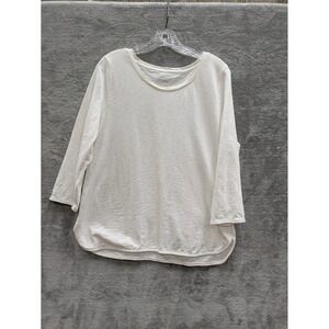 Coastal Slub Knit Pom Trim Tee Women L White 3/4 Sleeve Cotton Talbots Top